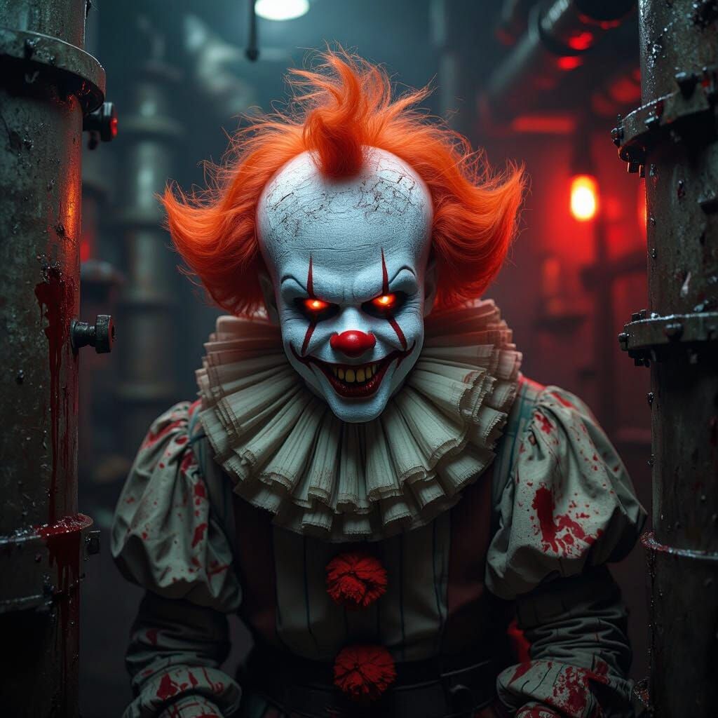 Evil Demon Clown in Dark Industrial Boiler Room