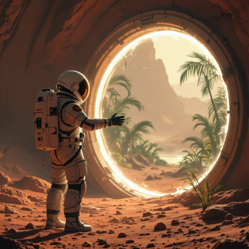 Astronaut Reaches Towards Alien Portal on Mars