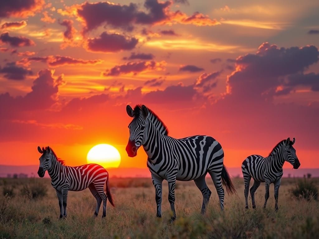 African Sunset with Zebras in Photo Realistic Style
