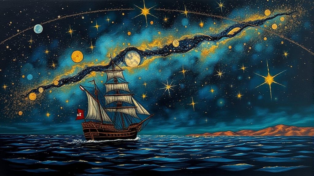 Cosmic Ship Sailing Under Constellations in Amaringo Style