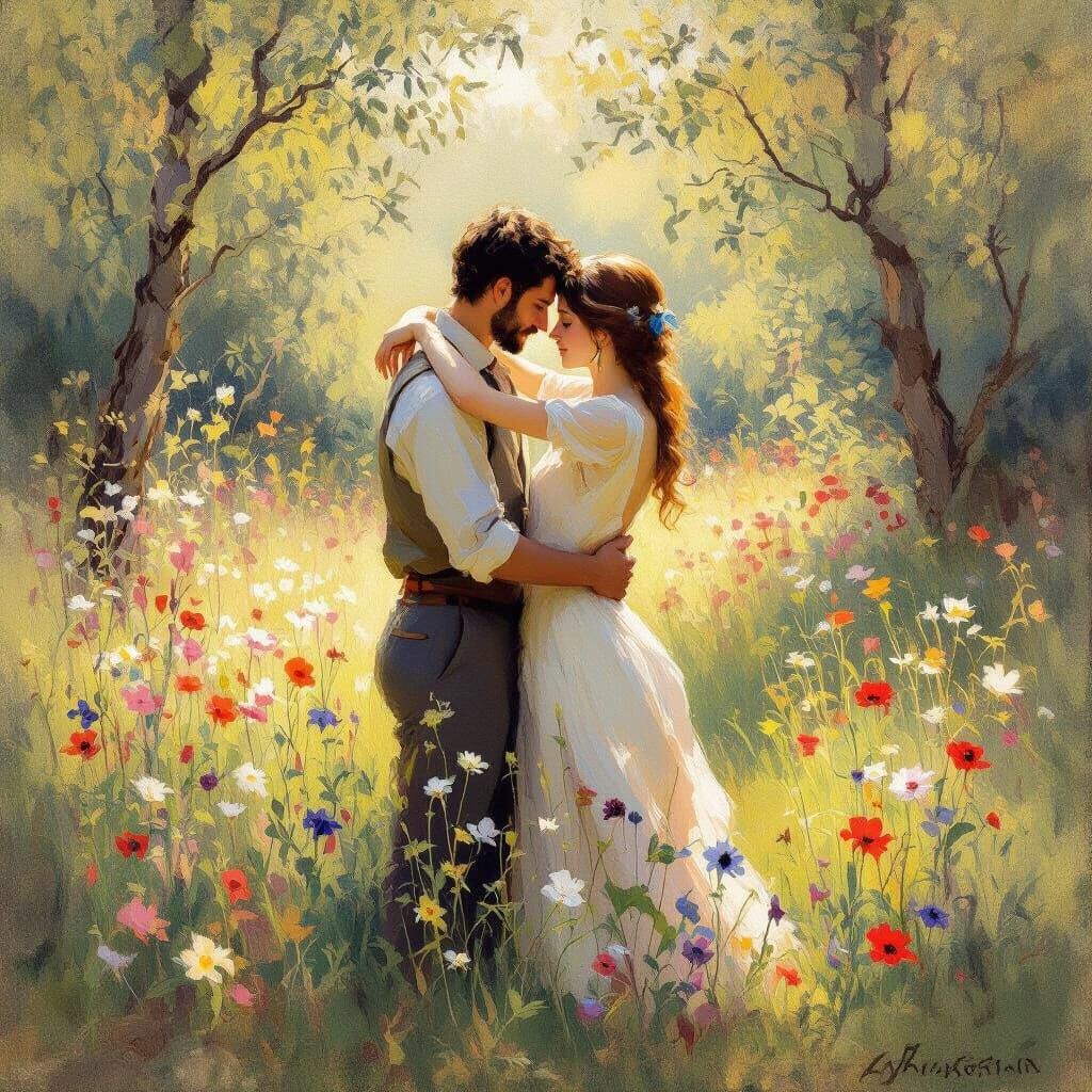 Tender Embrace in Sunlit Glade, Impressionistic Style
