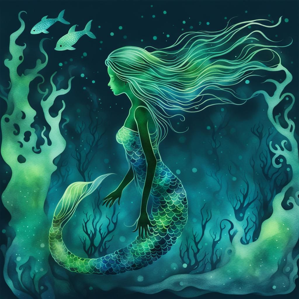 Bioluminescent Ghost Mermaid in Watercolor Style