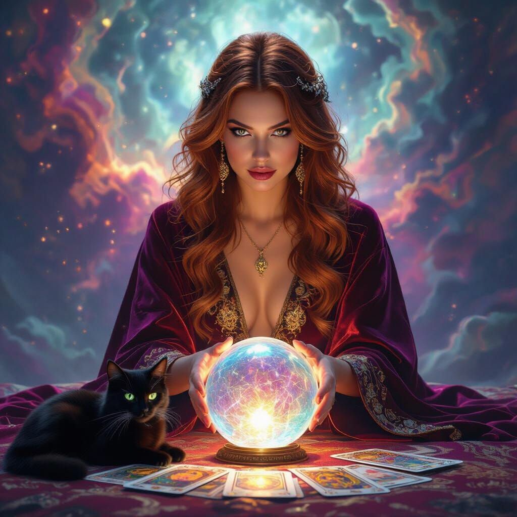 Mystical Woman with Crystal Ball and Tarot Cards