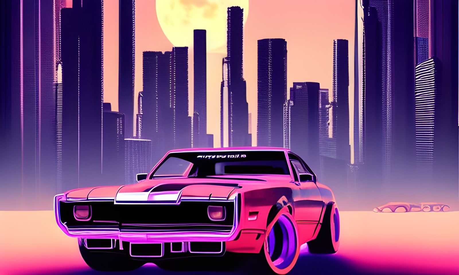 Black Muscle Car at Night in Cyberpunk City