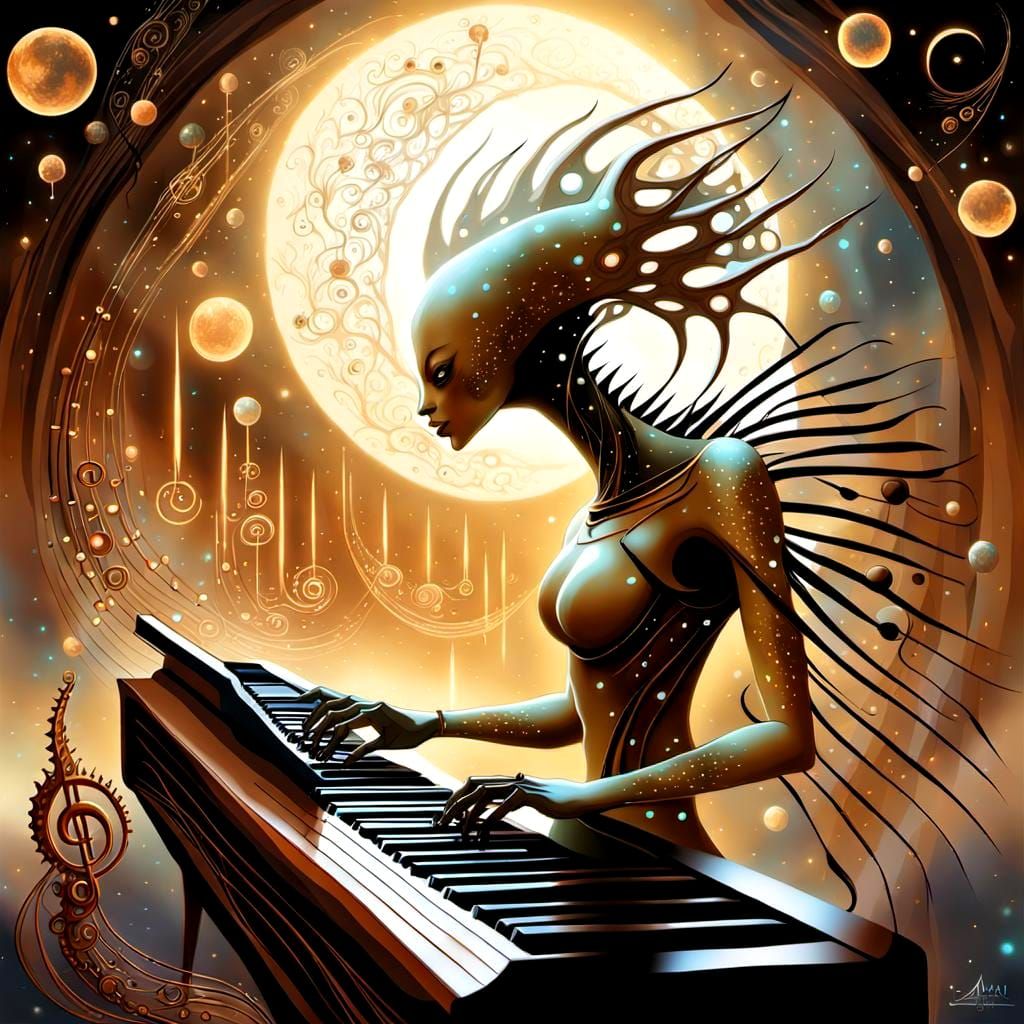 Alien Druid Plays Piano in Surreal Digital Art