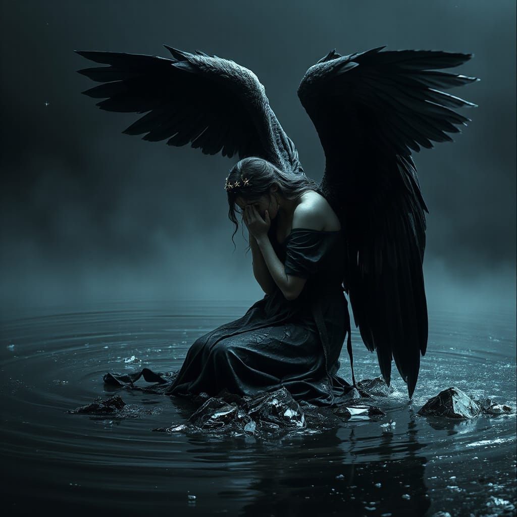 Sorrowful Dark Fantasy Angel with Tattered Gown and Expansiv...