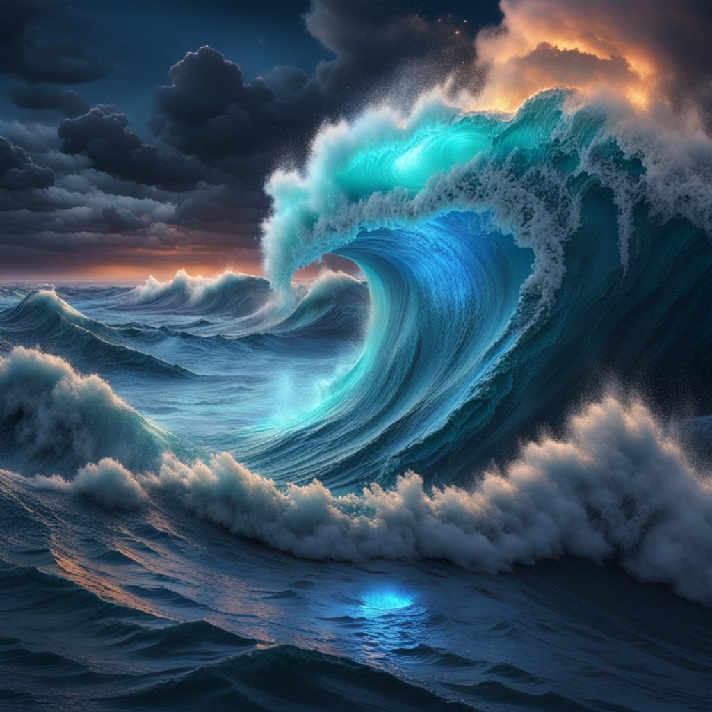 Monster Wave Under Nightlight: Detailed Matte Painting