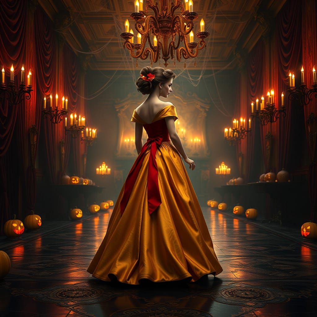 Belle in Whimsical Halloween Ballroom