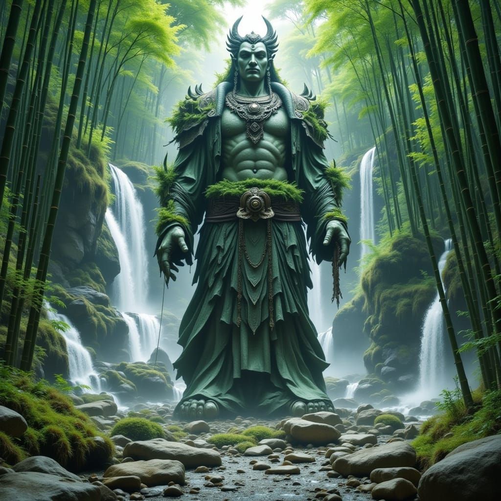 Stone Figure in Bamboo Forest, Miyazaki-Inspired Art