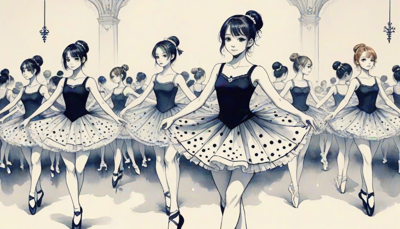 Ballet Ink Drawing with Polka Dots in Anime Style