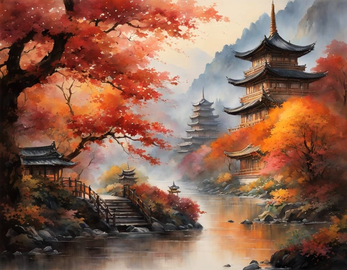 Pagoda in Seasonal Watercolor Masterpiece