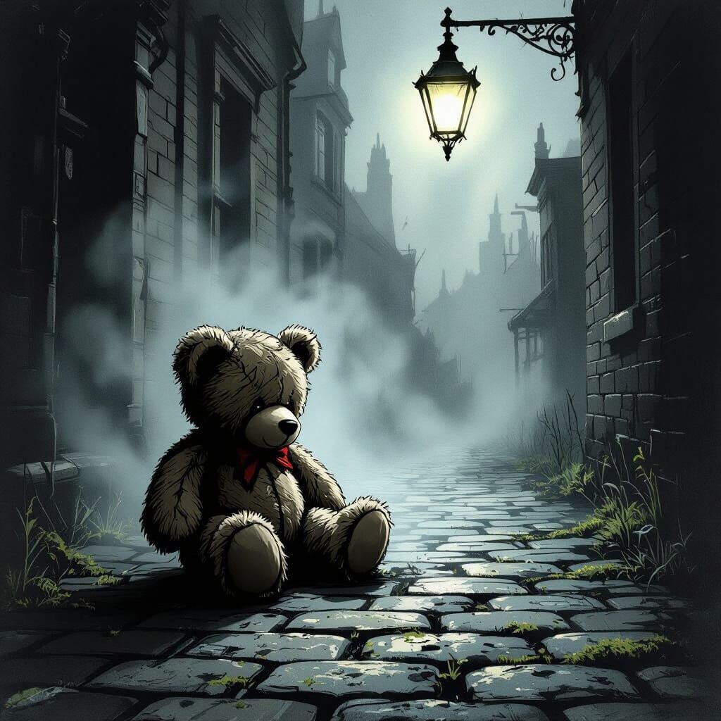 Tattered Teddy Bear on Cobblestone Path in Foggy Victorian S...