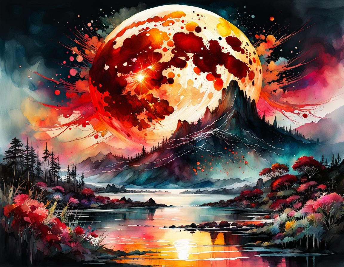 Blood Moon Summerscape: Digital Watercolor Illustration