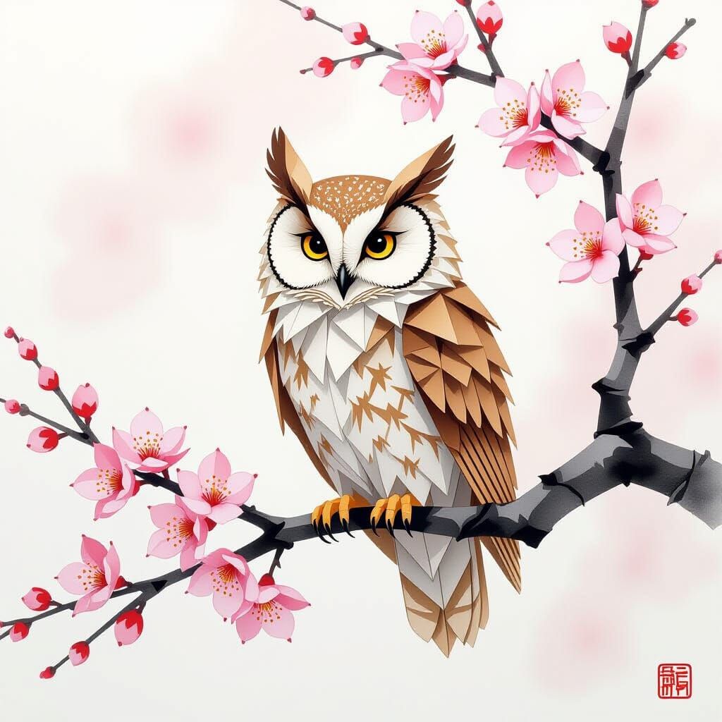 Origami Owl on Cherry Blossom Branch in Watercolor Style