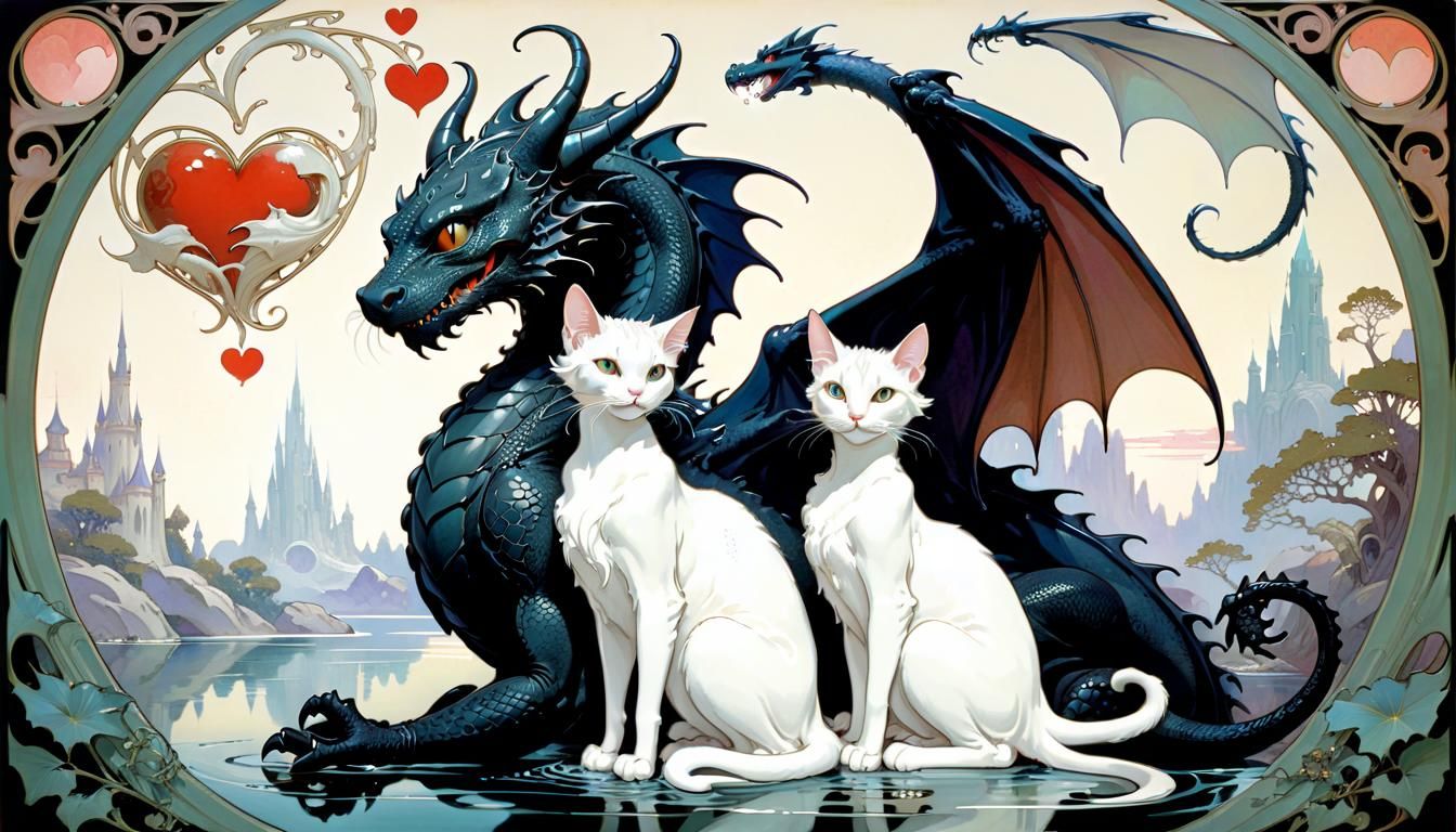 Cat and Dragon Love in Art Nouveau Style