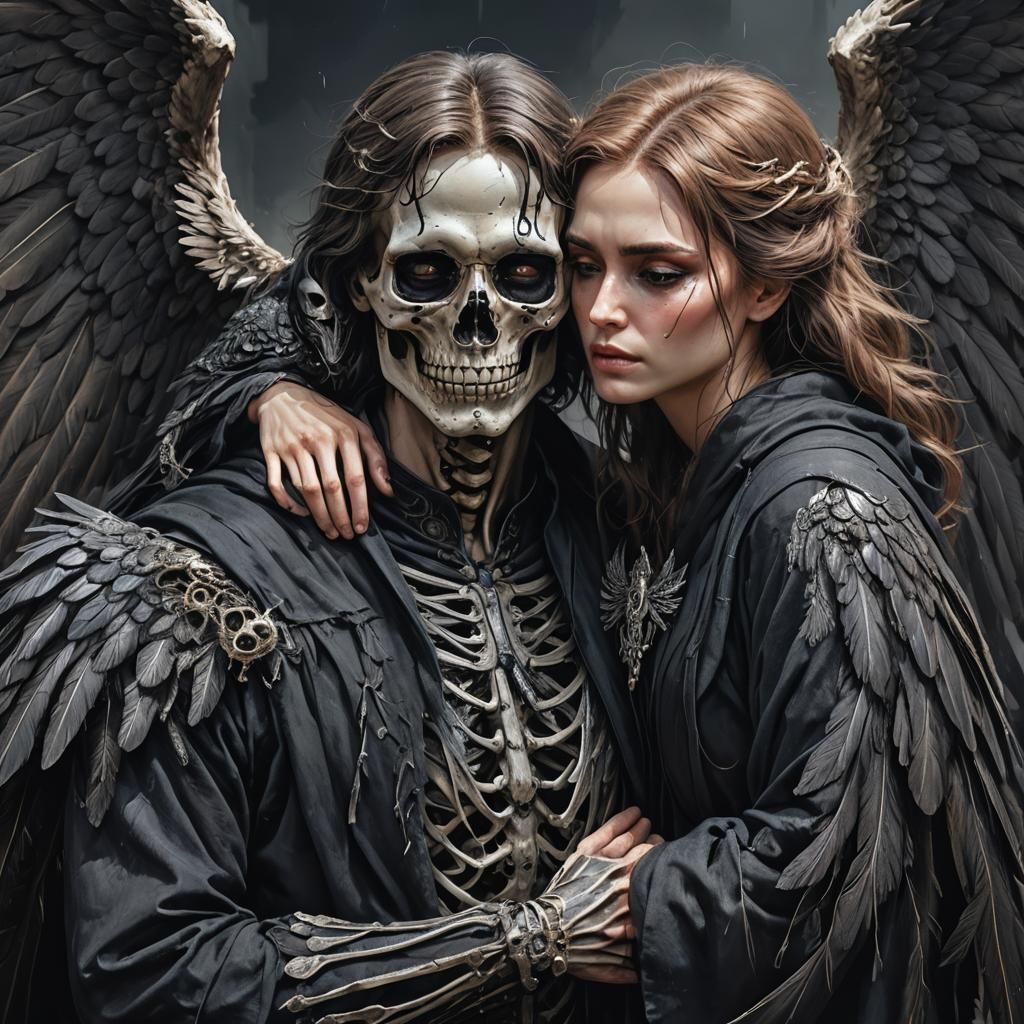 Skeletal Angel Embracing Sorrow: Hyperdetailed Art