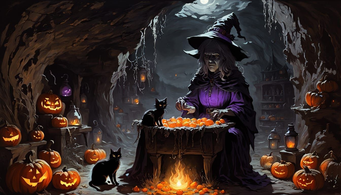 Witch Brewing Potion in Eerie Cave with Black Cat