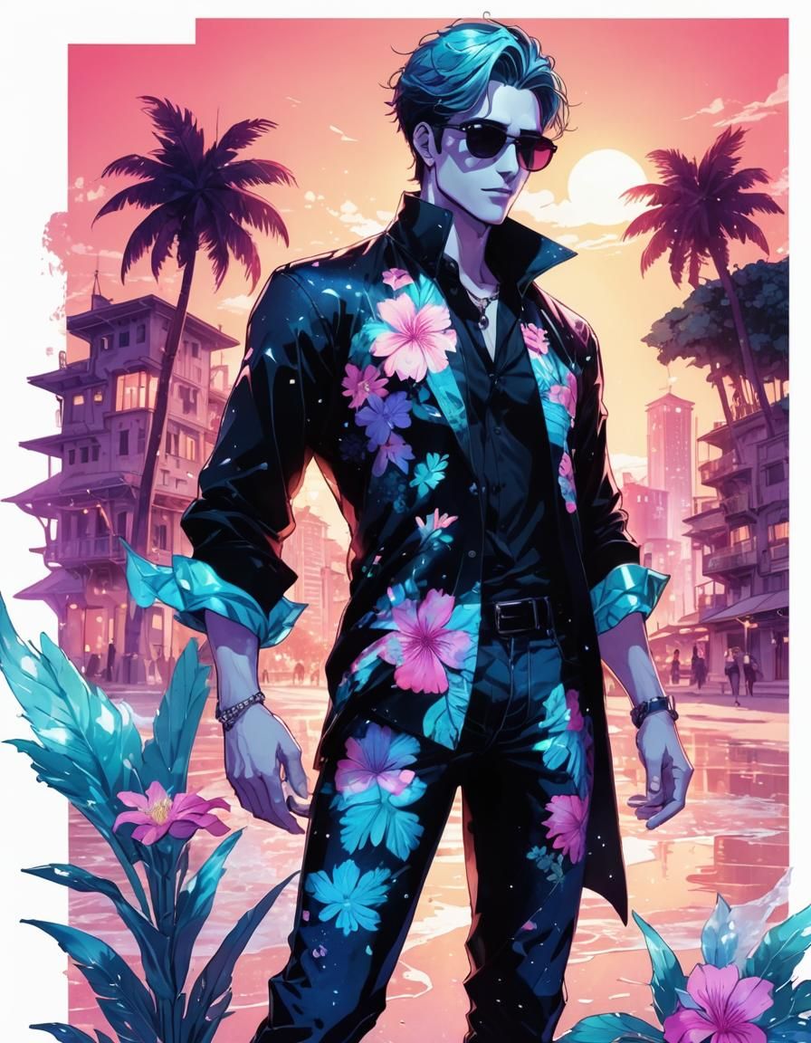 Anime Man in Hawaiian Shirt on Magical Beach