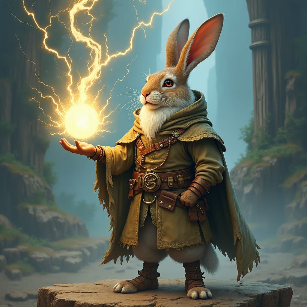 Short humanoid rabbit wizard with leather armor and a lightn...