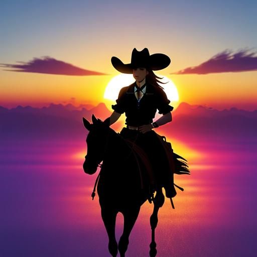 silhouette of a cowgirl riding into the sunset, c4d, dreamy ...
