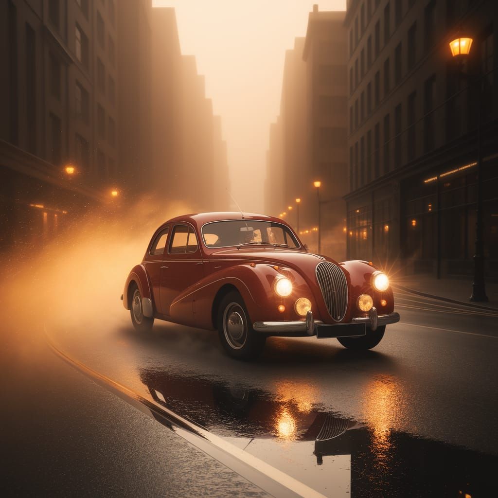Vintage Red Car in Golden Foggy Cityscape
