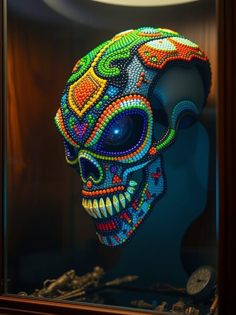 Colourful Beaded Collage of an Alien Skull