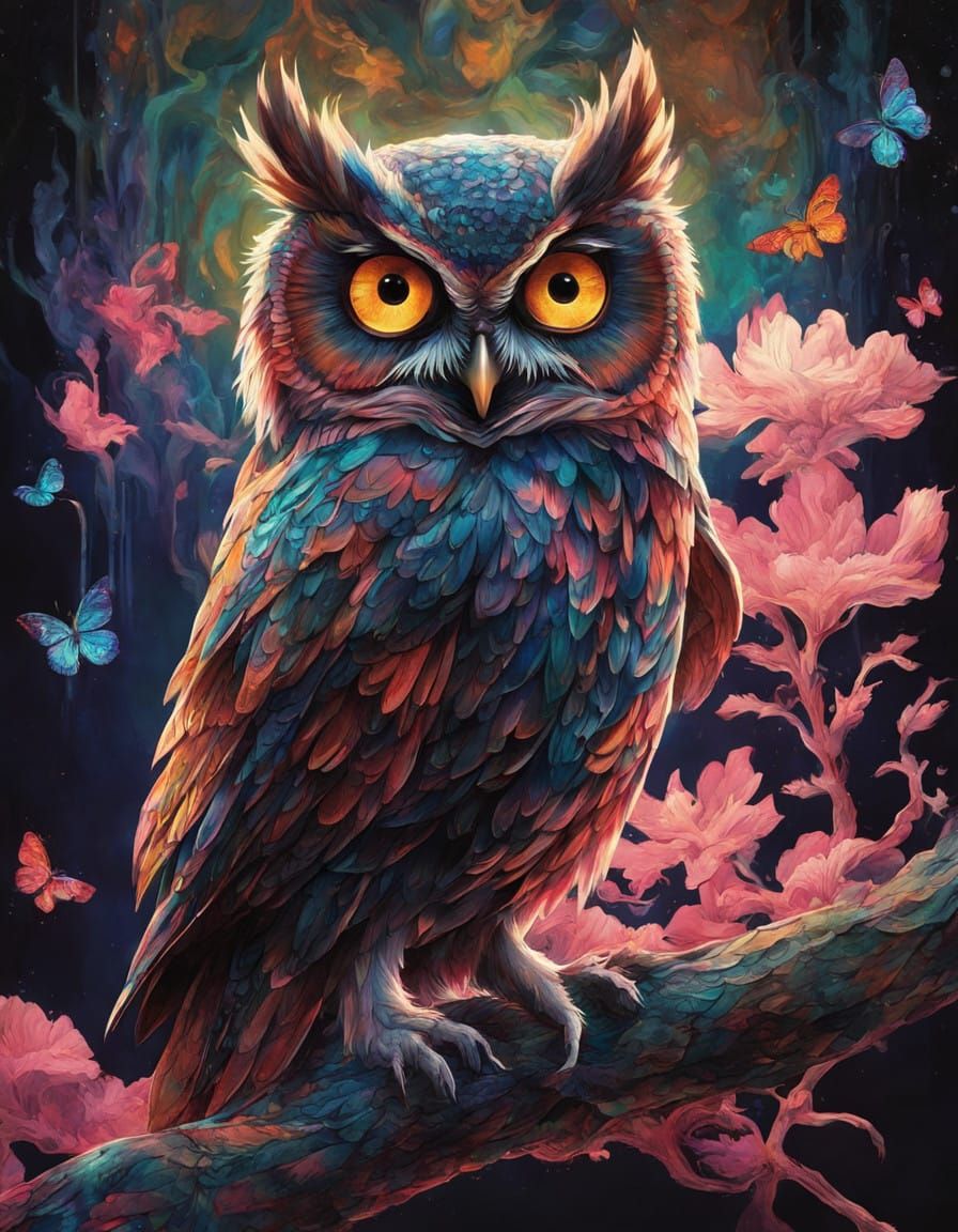Majestic Owl Illuminates Fantasy City in Vibrant, Neon-Inspi...