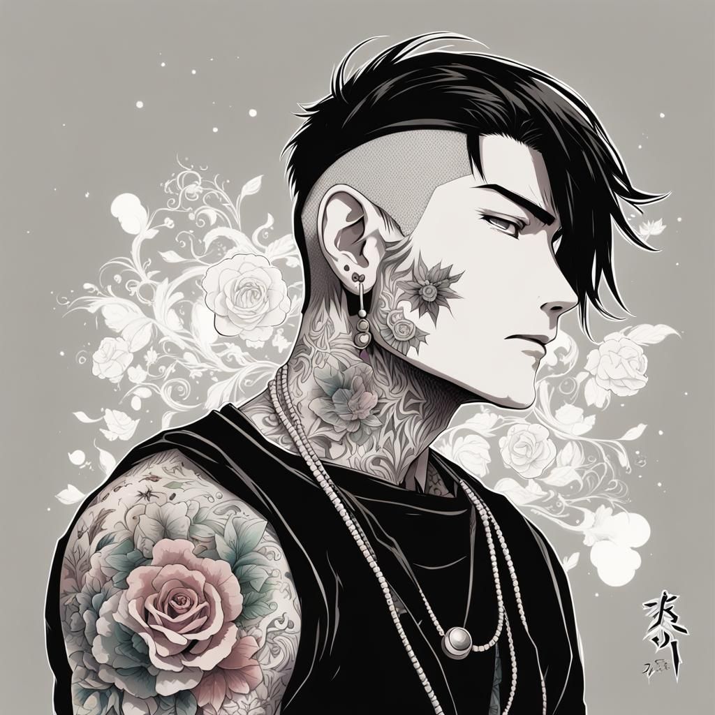 Anime-Style Tattooed Deaf Youth with Hearing Aids