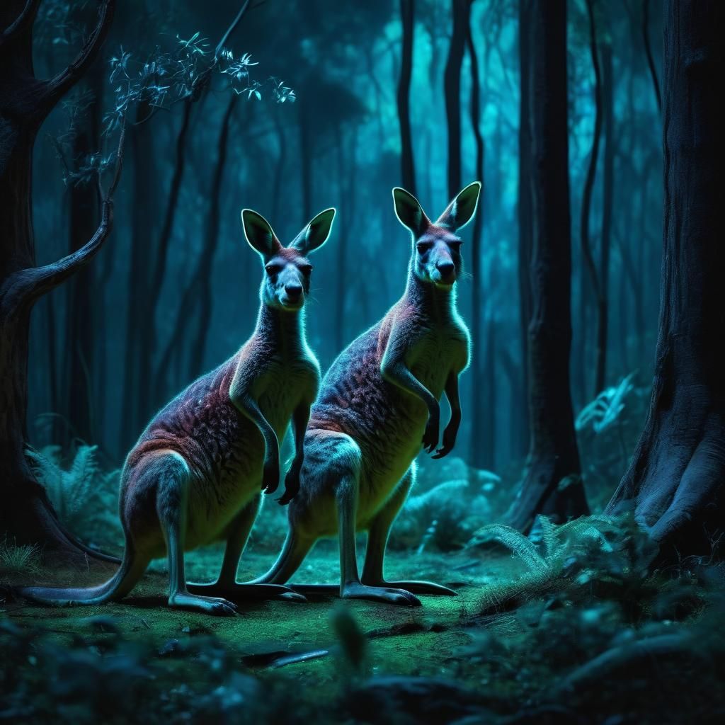 Neon Kangaroos in a Forest at Night