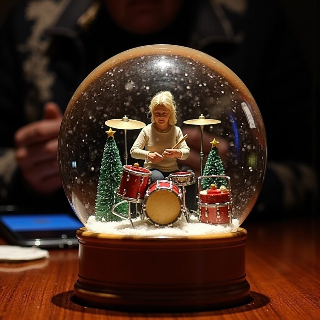 Figurine Drummer Inside Glittering Snow Globe Scene