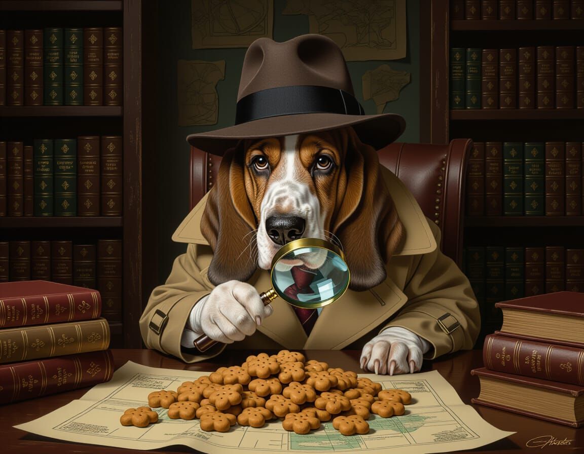 Basset Hound Detective Investigating Dog Biscuits in Vintage...