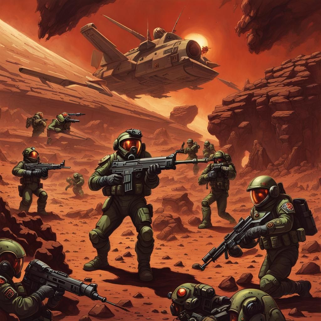 Futuristic Military Action on Martian Battlefield