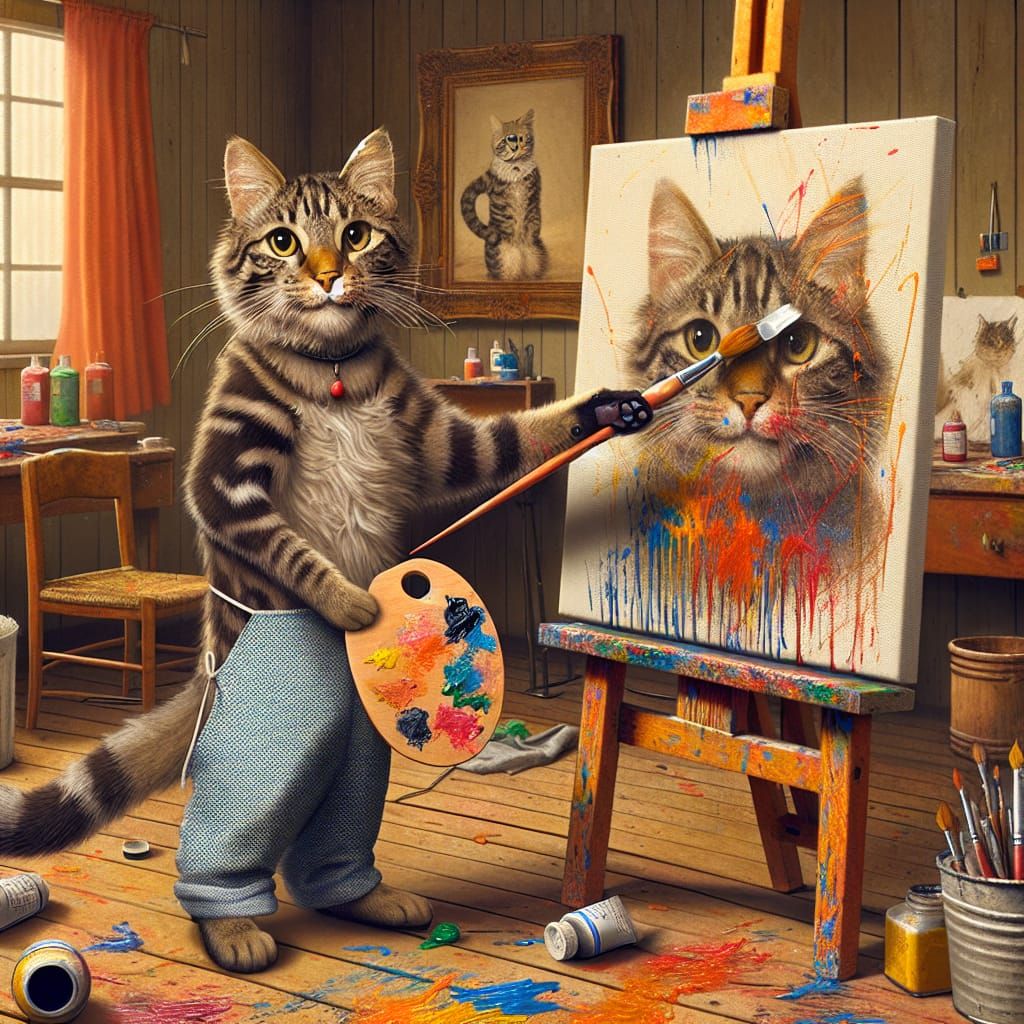 Cat Self-Portrait in Messy Oil Painting Studio