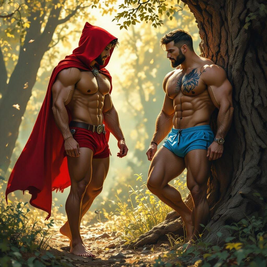 Muscular Red Riding Hood in Ancient Forest