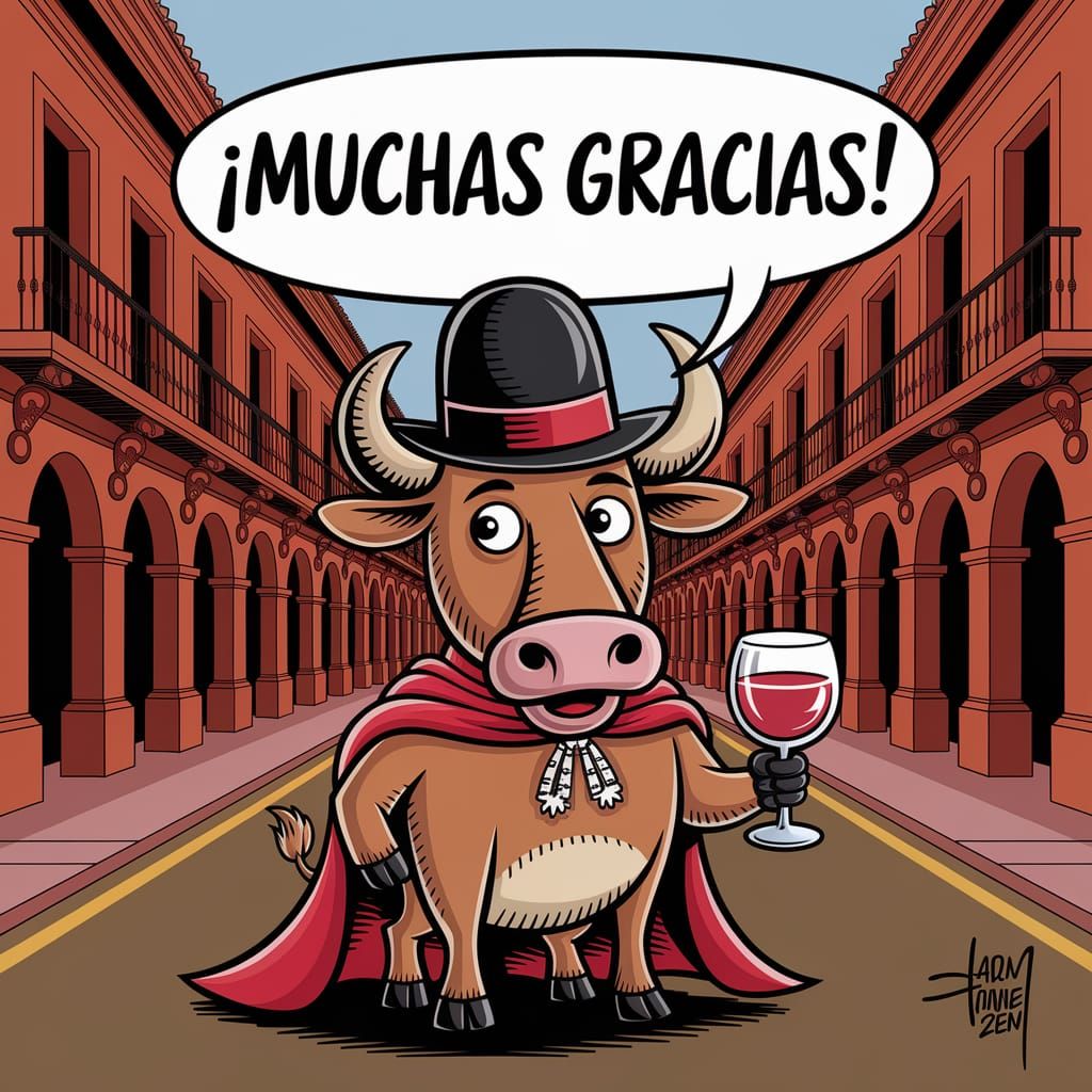 Whimsical Spanish Bull Celebrates in a Colorful Pamplona Sce...