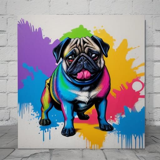 Vibrant Pug Graffiti Art on Brick Wall