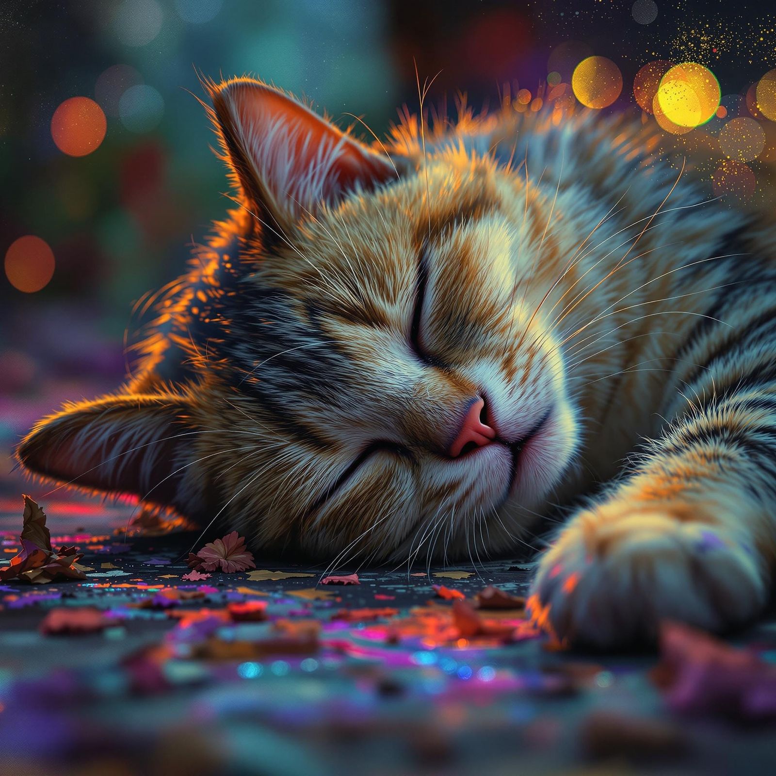 Sleepy Whiskered Cat in Moody Hyper-Realistic Fantasy Art