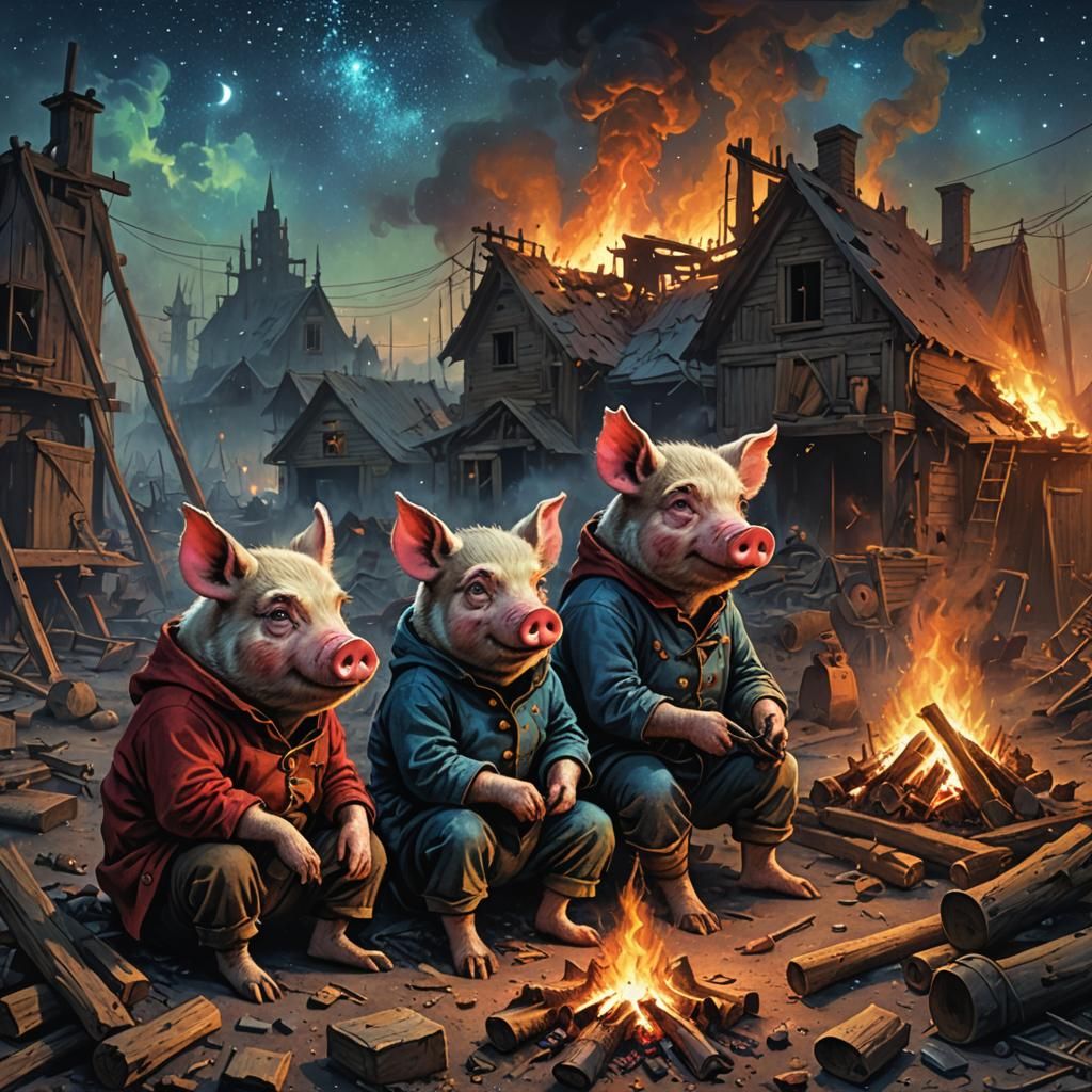 Epic Pigs Campfire Scene in Horror Art Style