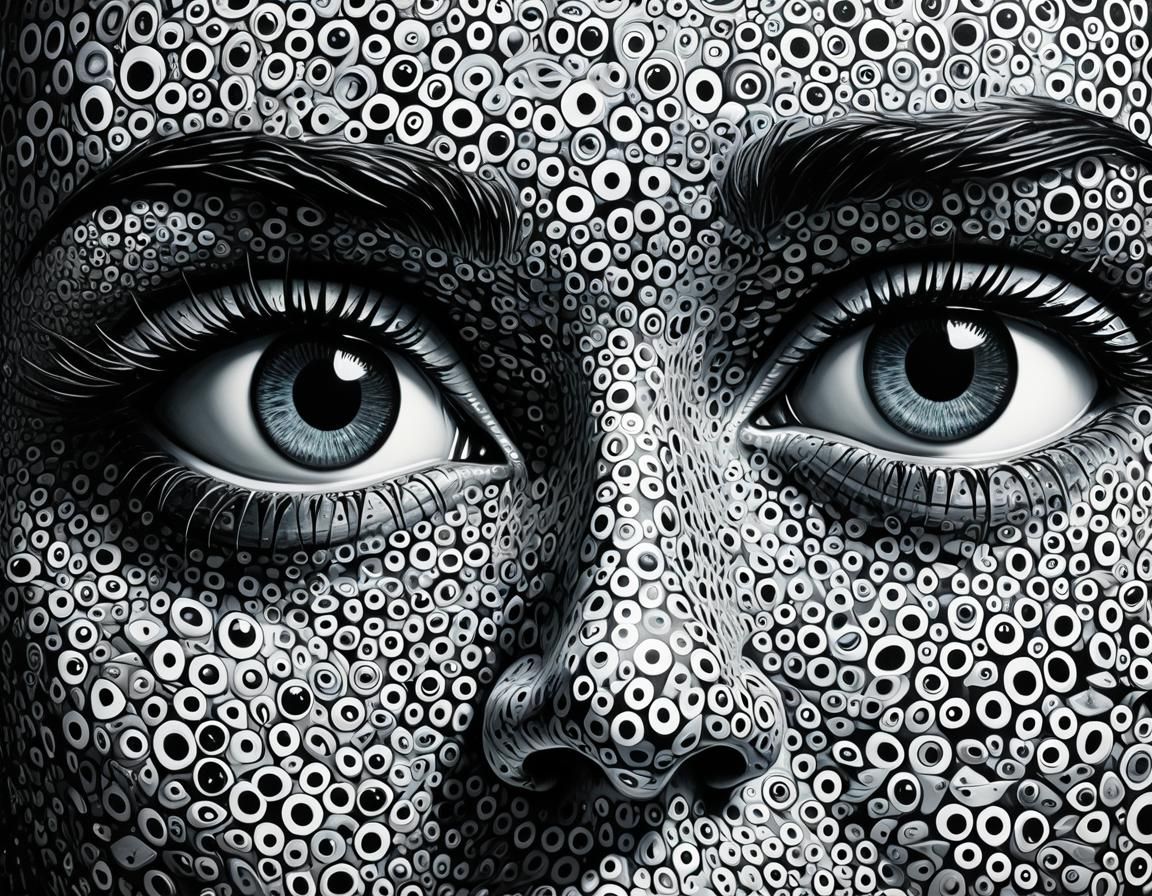 Monochromatic Surreal Faces with Pop Art Eyes