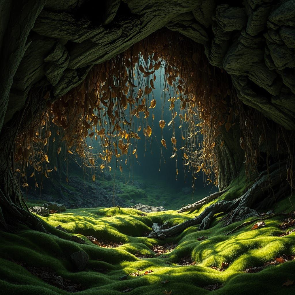 Mysterious, Crumbling Cave Shrouded in Autumn Leaves and Mos...
