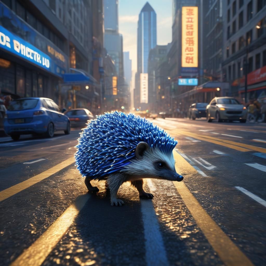Blue Hedgehog Runs City Marathon: Vibrant Digital Art