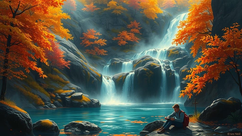 Mystical Autumn Waterfall with Traveler Sketching