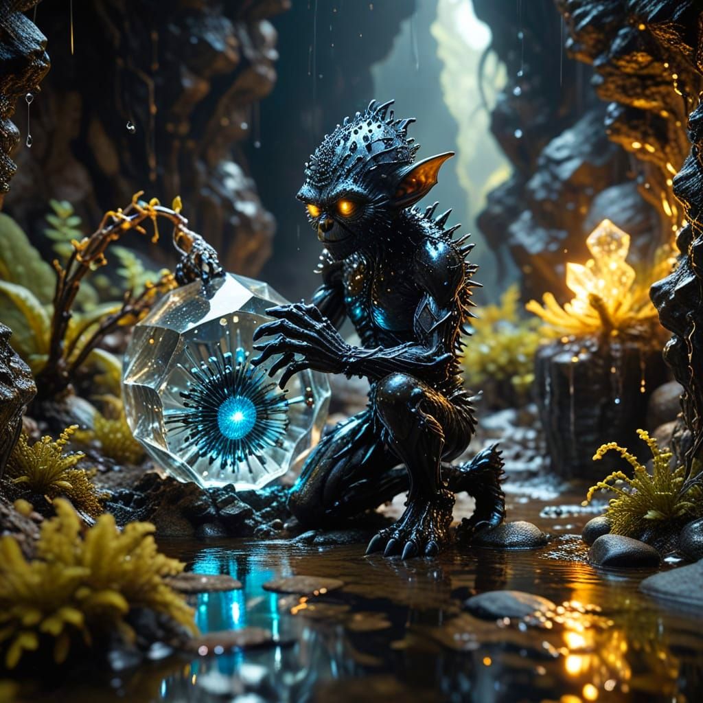 Goblin in Ferrofluid Tesseract with Glowing Bioluminescent T...