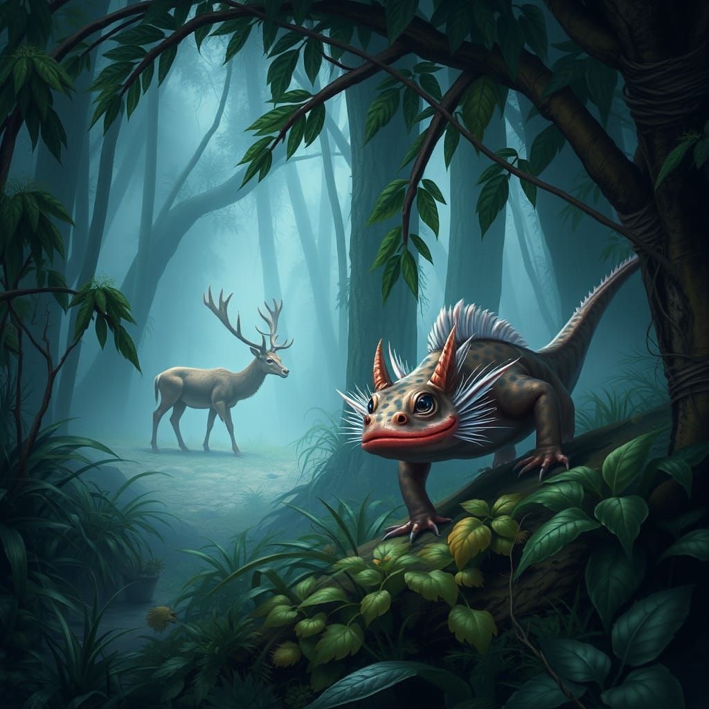 Axolotl Stalks Deer in Kola Forest Wildlife Scene