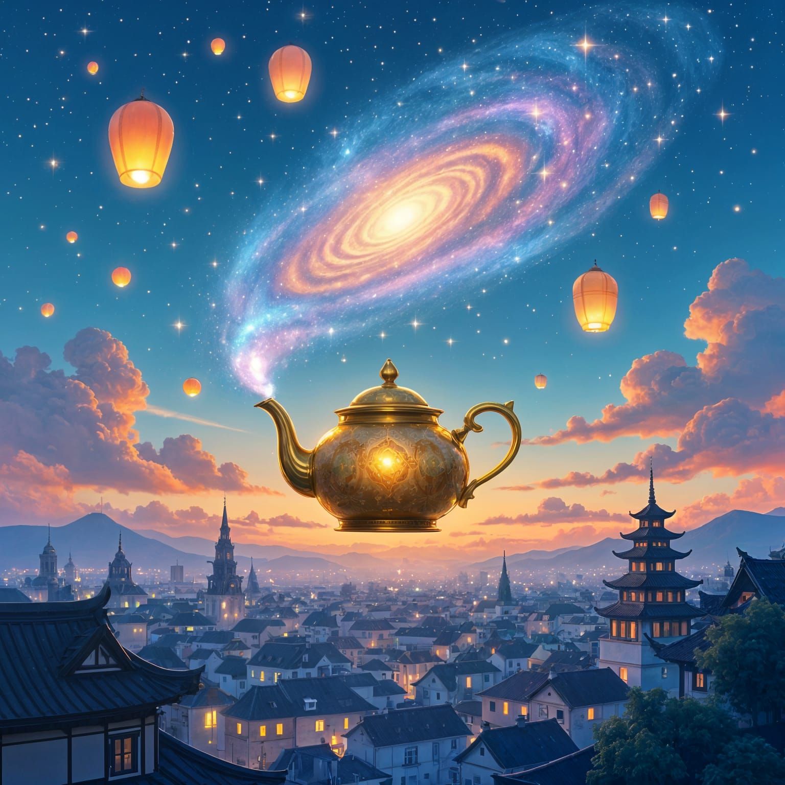 Golden Teapot Spewing Galaxies Over City Rooftops