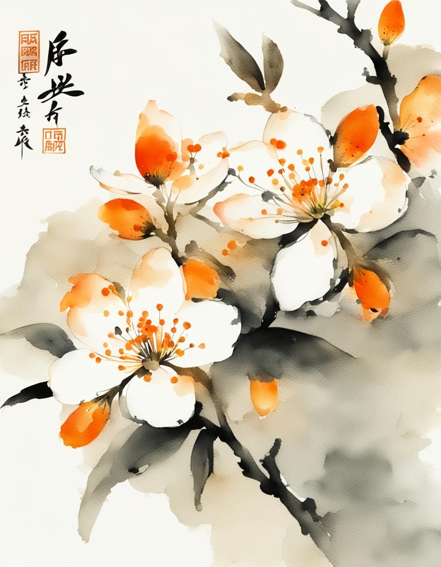 Elegant Orange Blossoms in Chinese Watercolor Style