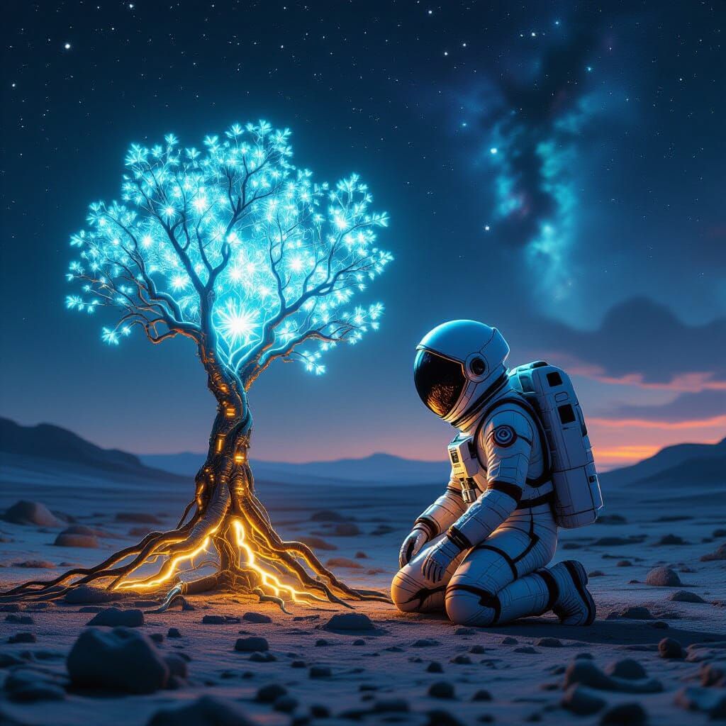 Astronaut and Bioluminescent Tree on Alien Planet