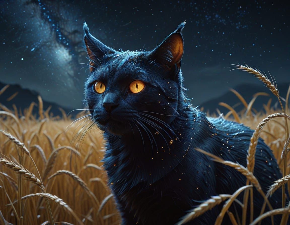 Devil Cat in Stormy Wheat Field at Night