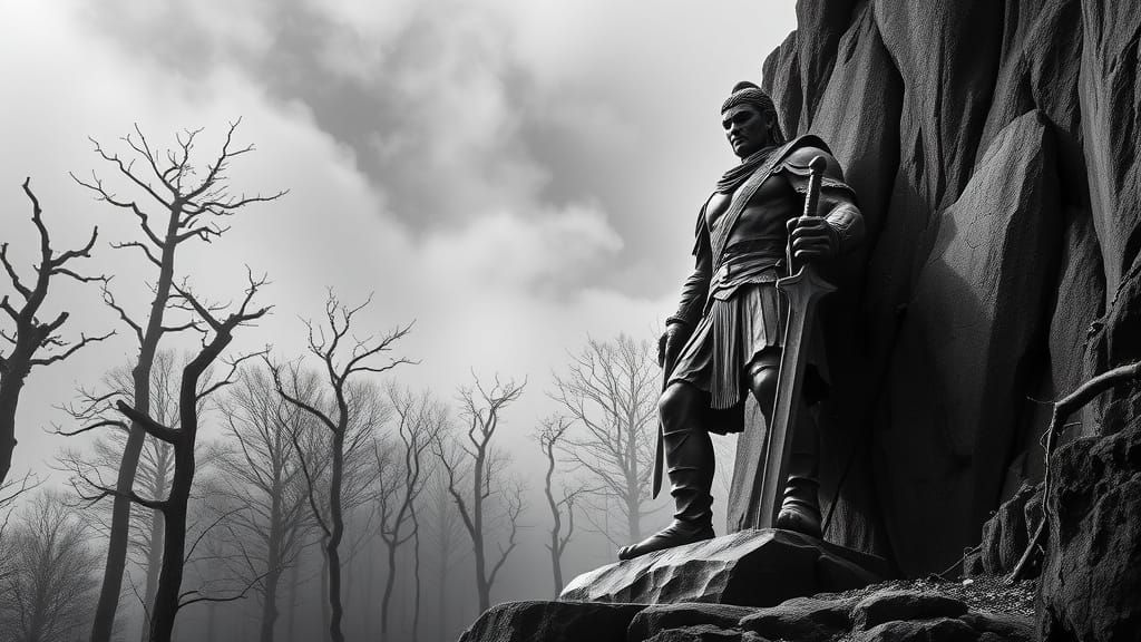 Ancient Warrior Sculpture in Primeval Forest, Monochromatic