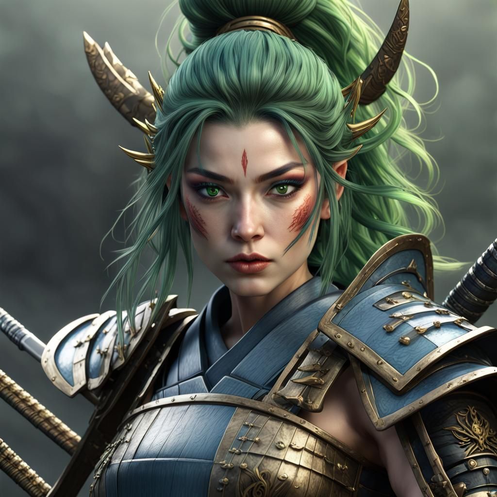 Female Triton Samurai in Shogun Armor, Dark Fantasy Art